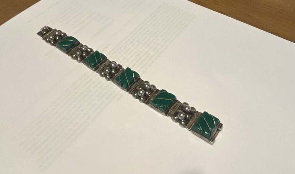 Vintage Taxco Mexico Sterling Silver and Green Stone Link Bracelet